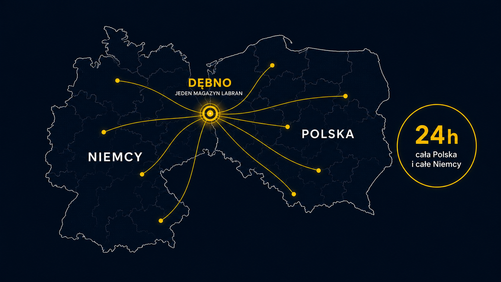 波兰和德国地图，其中有位于Dębno的一个 Labran Logistics 仓库