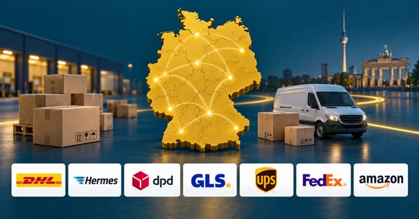 德国配送网络示意图，包含德国地图、包裹以及DHL、Hermes、DPD、GLS、UPS、FedEx和Amazon品牌
